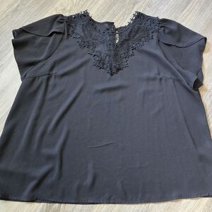Shein Curve Women Size 4XL Black w/ Lace Short Sleeve Blouse Top Tie Close
